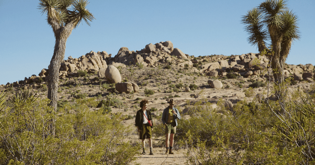 Two people walking along a trail in the desert, with brush and trees on either side, and rocks in the background