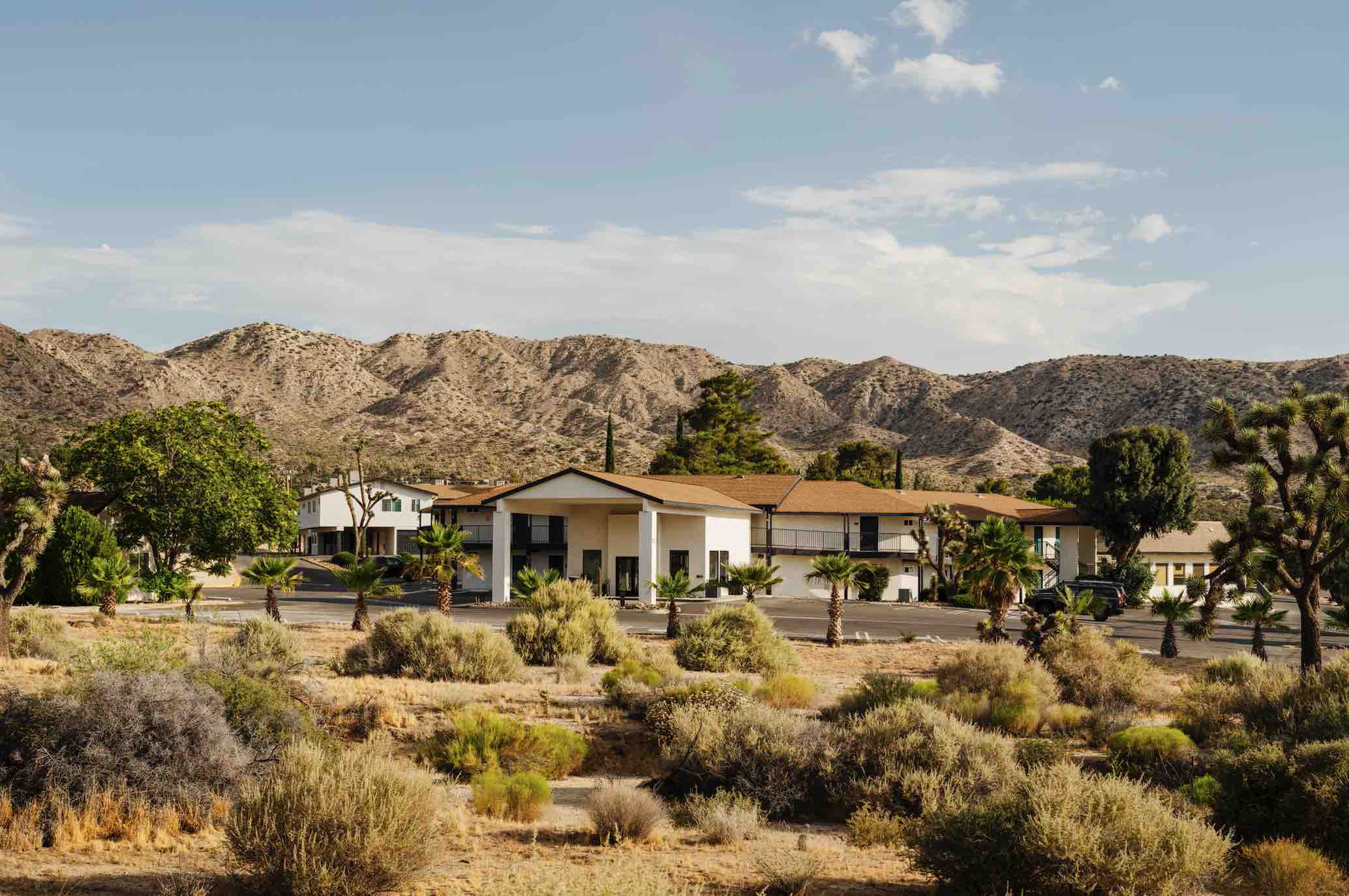 A landscape photo of buildings nestled in a desert area. The buildings are white with tan roofs, and are surrounded by trees and shrubs, with hills or dunes in the background.