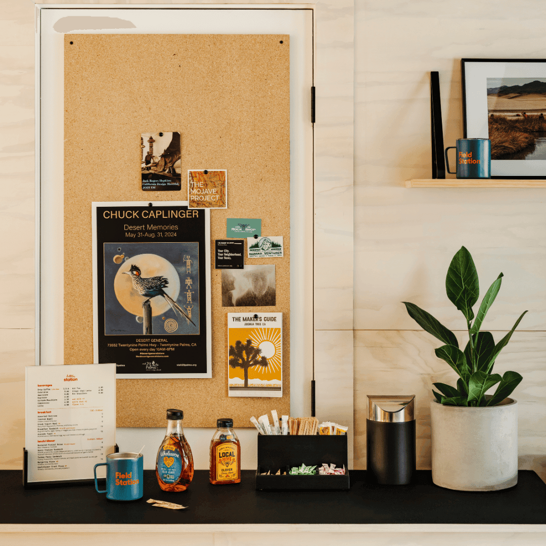A counter area with a plant, a small sign, coffee, alcohol, and a corkboard is behind it with various small notes and posters.